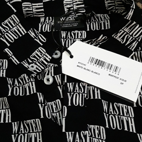 Wasted Youth Black White Graphic Logo Button Shirt WESC Sweden New Small S Mens - Picture 1 of 6